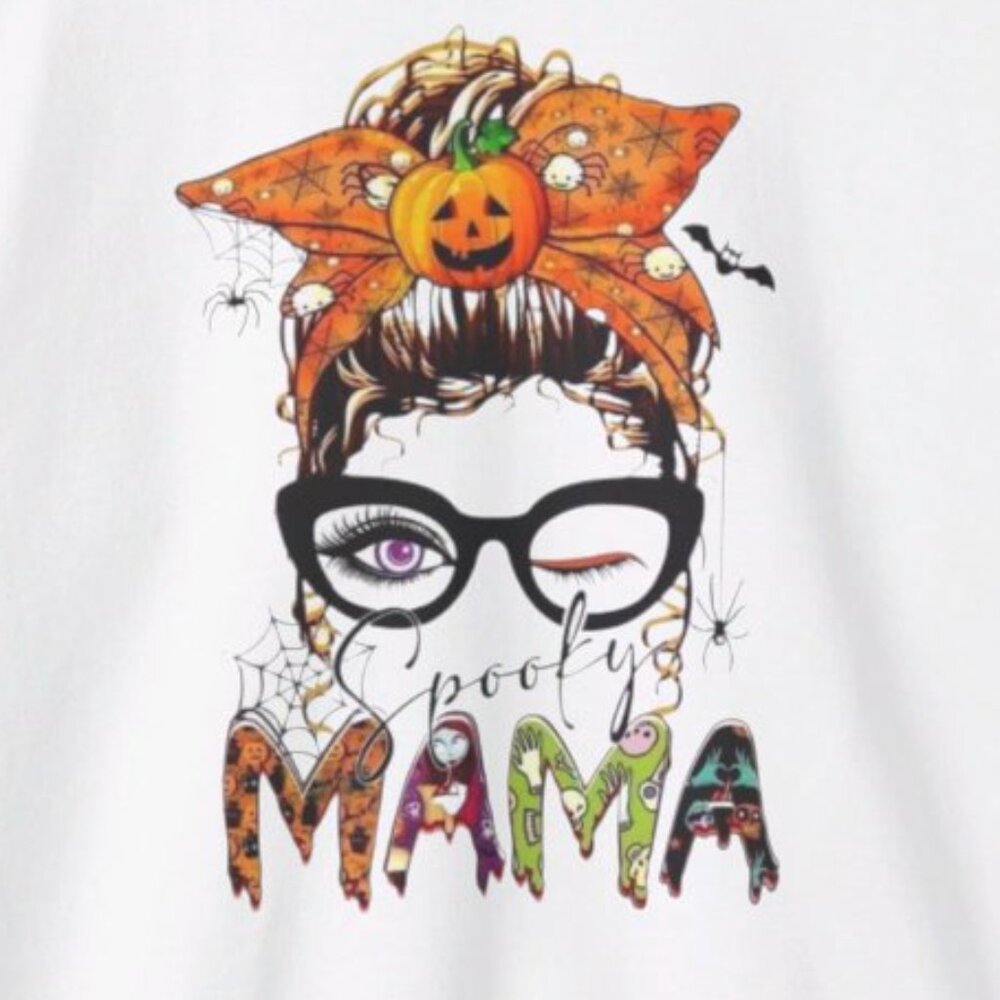 Women’s White Spooky Mama Halloween Sweatshirt Messy Bun Glasses Fall Bow